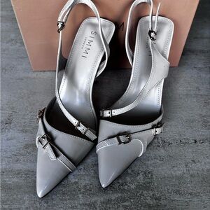 SIMMI London Gray Pointed Buckle Slingback Heels